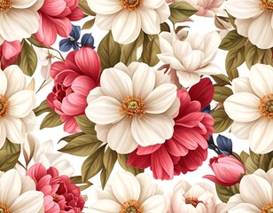 A vibrant floral pattern with bouquets of detailed blossoms in various shades of pink, red, and white, set against a plain white background