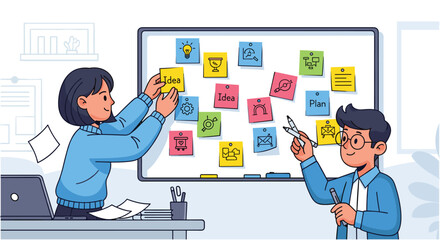 Creative collaboration in the office: two team members arrange sticky notes to brainstorm ideas and create a cohesive project