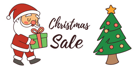 Joyful Santa Claus delivers presents for a Christmas sale with festive tree decorations, conveying holiday cheer and shopping deals