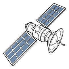 Illustration of a modern orbital satellite with large solar panels and a parabolic antenna against a white background