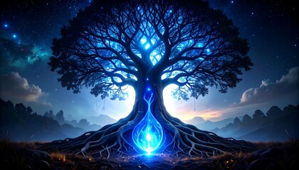 Vast, luminous tree, glowing blue, cosmic landscape