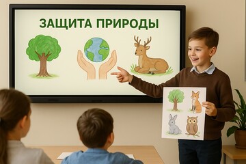 Schoolboy presenting nature protection project in classroom with drawings