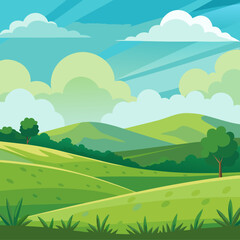 Fototapeta premium Serene rolling green hills and cloudy sky vector nature landscape illustration scalable