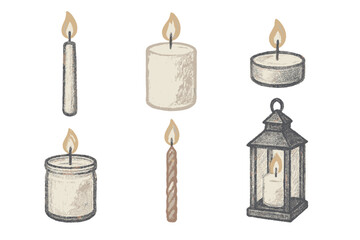 Assortment of various lit candles including pillar, taper, votive, and jar candles with a glowing lantern providing warm ambient light