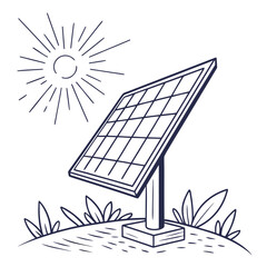 Simple hand drawn illustration of a solar panel absorbing sunlight on a grassy hill with plants
