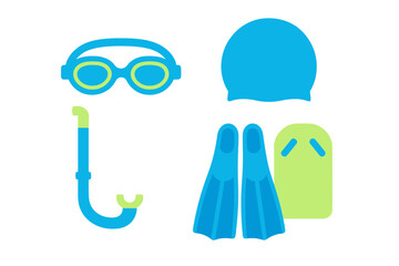 Colorful set of essential swimming and snorkeling equipment for aquatic activities and water sports training and recreation