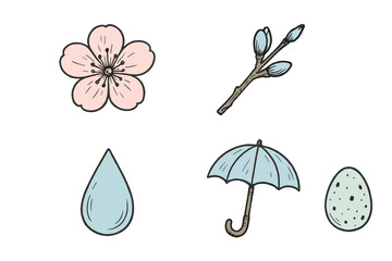 Collection of spring season elements including cherry blossom, tree buds, raindrop, umbrella, and speckled egg