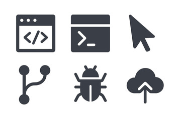 Web development and programming icons set with browser, terminal, cursor, branch, bug, and cloud upload symbols