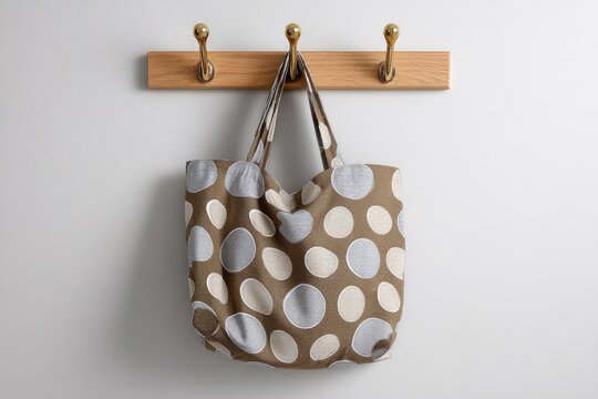A brown and grey polka dot tote bag hangs from a light wooden wall hook