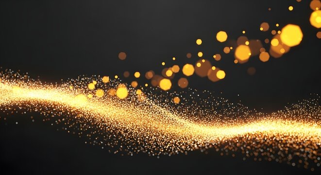 Abstract glowing golden particles wave flowing on dark background, bokeh effect, motion blur, festive, celebration, luxury, elegant, magical, ethereal, shimmering, sparkling, light, energy, futuristic