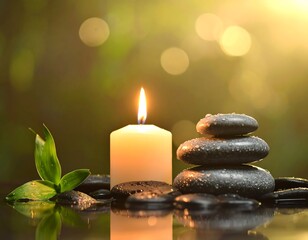 Peaceful scene of a candle and stones