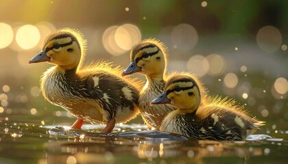 Three ducklings in sunlit water