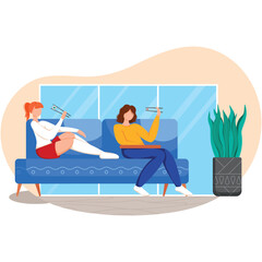 Woman eating sushi food on couch vector cartoon