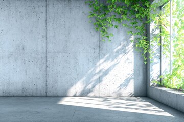 Empty, bright concrete room with vines. Sunlight casts shadows on the walls