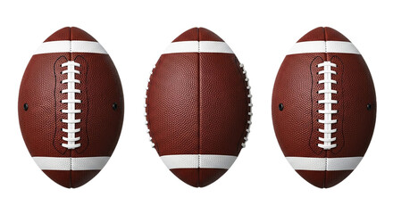 Three American Footballs on Black Background Leather Texture Sport Equipment Game Ball White on transparent background