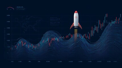 Futuristic Rocket Launching Over Digital Stock Market Graphs and Data Visualizations