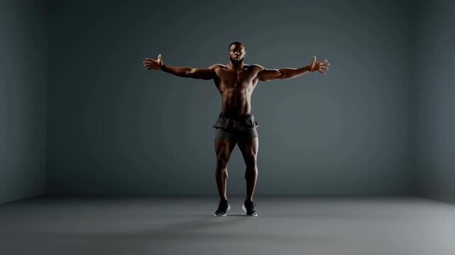 Muscular athlete performing jumping jacks exercise