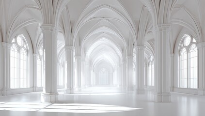 Naklejka premium Vast, white cathedral hallway, sunlight streams in
