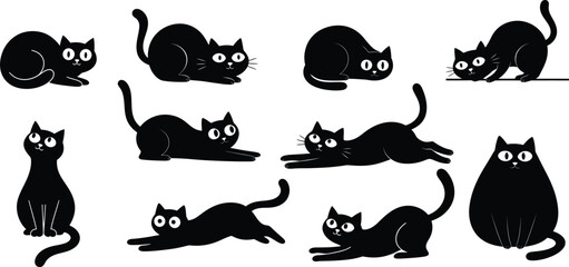 Adorable Black Cat Silhouettes Collection Cute Feline Poses and Playful Kitty Illustrations