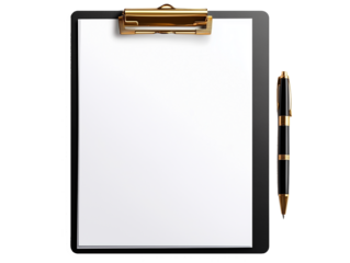 Clipboard with Blank A4 Paper and Pen on Side Isolated on White Background