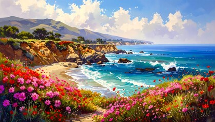 Scenic coastal landscape painting