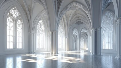 Fototapeta premium Vast, white Gothic cathedral interior. Sunlight streams through ornate windows