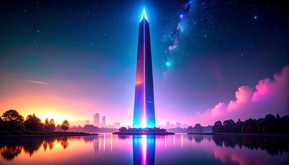 Vast monument, vibrant hues, night sky, reflected light
