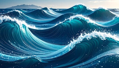 Vast ocean waves, vibrant blues, foamy crests