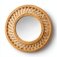 Round Rattan Wall Mirror in Minimalist Boho Decor Style Isolated on White Background
