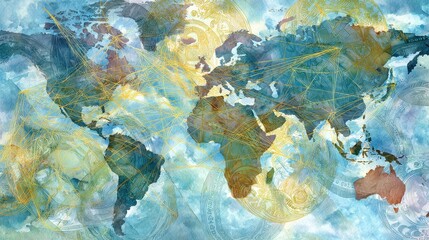 Abstract watercolor of interconnected global economy, trade routes merging into financial hubs, world map with money flow, futuristic financial web.