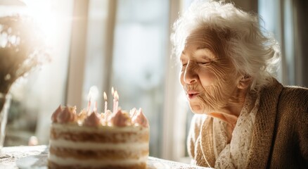 Happy elderly woman blowing out candles on her birthday cake. Warm light and joyful atmosphere. Perfect for concepts of celebration, longevity, family love, happiness, and senior lifestyle.