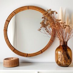Round Rattan Wall Mirror in Minimalist Boho Decor Style Isolated on White Background