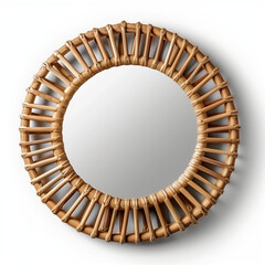 Round Rattan Wall Mirror in Minimalist Boho Decor Style Isolated on White Background