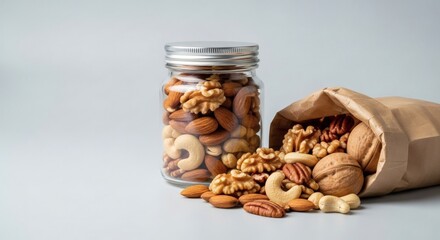 Mixed Nuts in Glass Jar and Paper Bag on Light Background