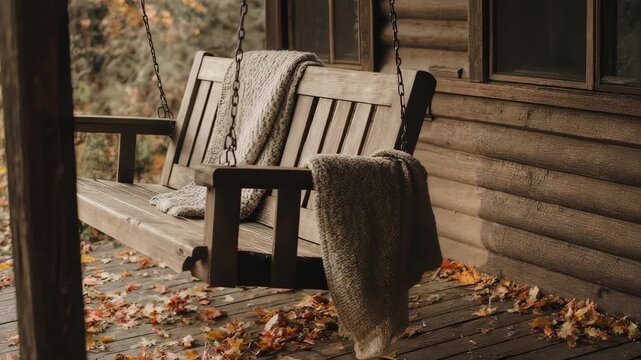 Empty Porch Swing in Autumn Background. This background evokes feelings of comfort, home, and quiet reflection during the fall season.