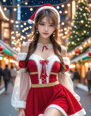 A young beautiful girl dressed in Christmas clothes. On the background of a city decorated for Christmas, Christmas tree, meeting,クリスマスの服を着た若い美少女。クリスマスの飾りがされた街中の背景,クリスマスツリー、待ち合わせ