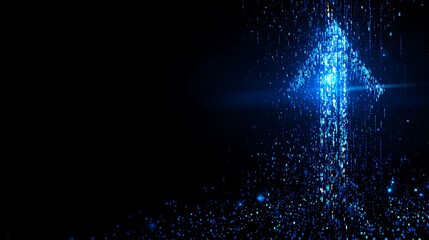 Futuristic Blue Digital Data Particles Forming Arrow on Black Background