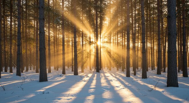 Sunrise beams through snow-covered pine forest nature scene winter landscape tranquil environment serene viewpoint