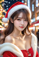 A young beautiful girl dressed in Christmas clothes. On the background of a city decorated for Christmas, Christmas tree, meeting,クリスマスの服を着た若い美少女。クリスマスの飾りがされた街中の背景,クリスマスツリー、待ち合わせ