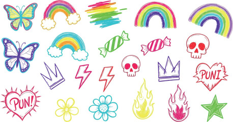 Vector art of collection of colorful handdrawn doodles including butterflies, rainbows, skulls, and lightning bolts