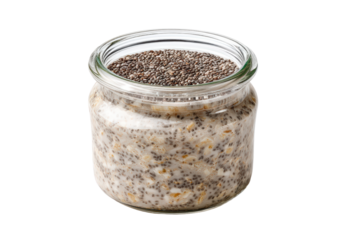 Overnight oats with chia seeds in a glass jar, isolated on transparent background