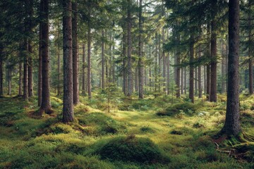 Obraz premium Misty forest floor bathed in soft light