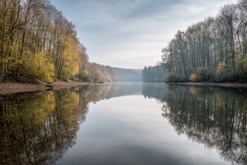 Calm lake, autumnal trees, mirrored reflections