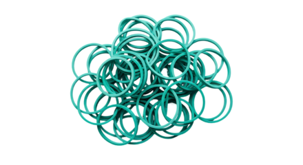 Abstract cluster of glowing turquoise rings forming a spherical shape isolated on transparent background