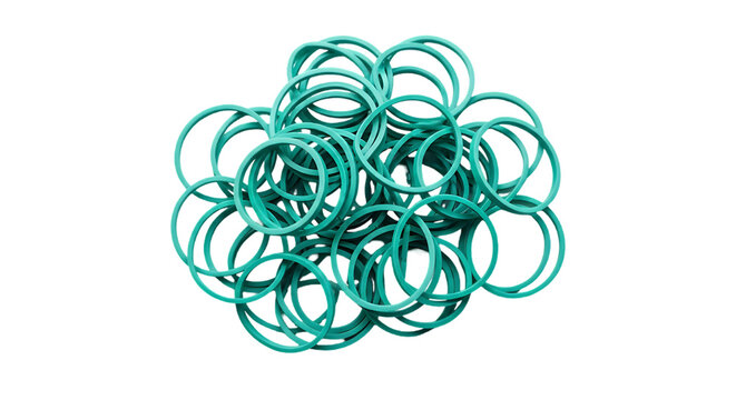 Abstract cluster of glowing turquoise rings forming a spherical shape isolated on transparent background