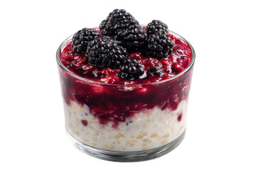 Oatmeal with blackberries and berry compote in a glass, isolated on transparent background