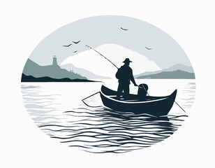 Fisherman in boat silhouette Vector illustration