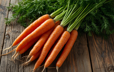 Close-up of fresh carrots on a wooden table