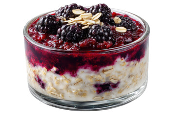 Overnight oats with blackberries and jam in a glass bowl isolated on transparent background