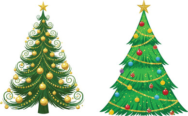 Vector illustration of two decorated Christmas trees with colorful and golden ornaments, showcasing whimsical and traditional styles for holiday design themes.